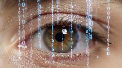 Macro shot of a human eye with a futuristic digital binary code overlay representing data processing - Powered by Adobe