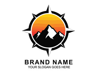 Compass Mountain Landscape: The image features a vibrant compass design centered around mountain scenery under the colorful setting sun, evoking a sense of adventure and exploration.