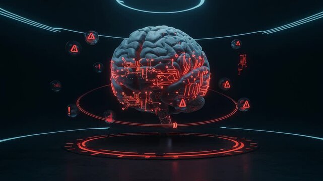 A digital human brain with glowing circuits on a dark background	