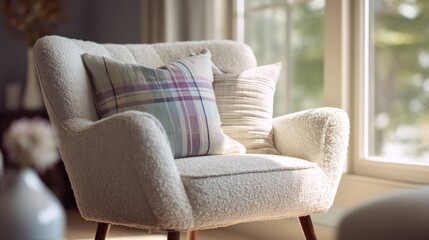 Cozy Armchair With Plaid And Striped Cushions By Sunlit Window. Inviting Space For Relaxation And Comfort