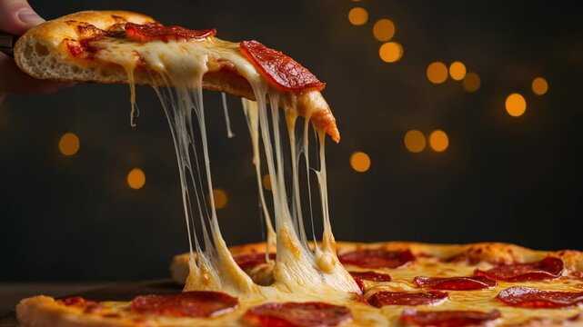 Hot cheese slice of pizza pulled up with melting mozzarella