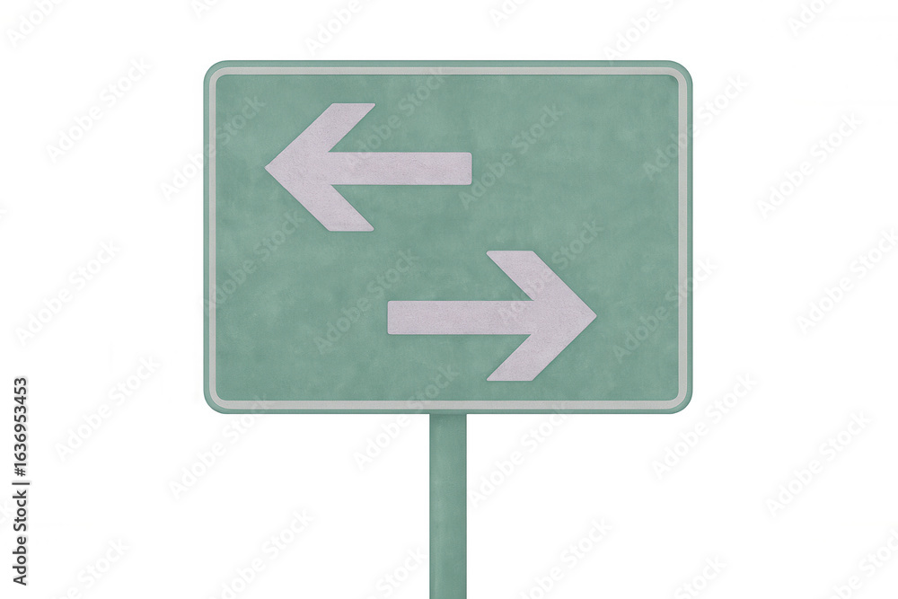Poster traffic road sign displaying directional white arrows pointing left and right against transparent ba
