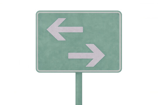 Traffic road sign displaying directional white arrows pointing left and right against transparent backdrop