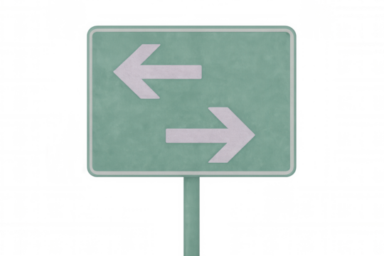 Traffic road sign displaying directional white arrows pointing left and right against transparent backdrop
