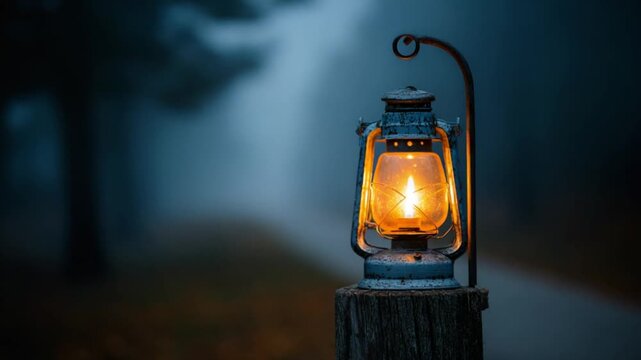 A glowing antique lantern sits atop a weathered post in a misty, dark forest.  The warm light contrasts sharply with the cool, muted tones of the surrounding environment