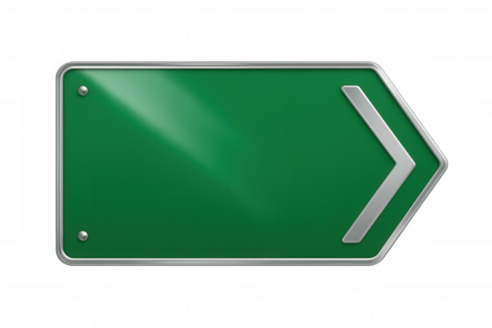 Empty metallic-framed green road sign pointing right, featuring a transparent background, ideal for navigation and directional guidance - Powered by Adobe