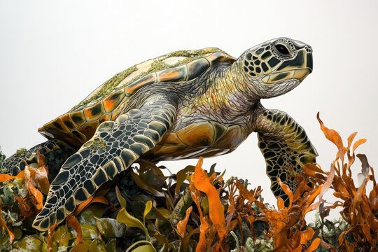 A detailed illustration of a sea turtle among colorful seaweeds, showcasing intricate shell patterns and vibrant aquatic life.