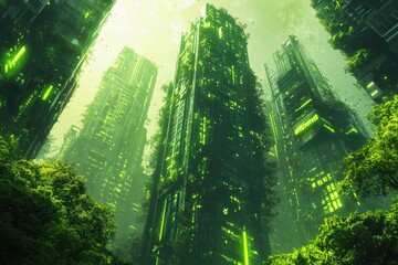 Futuristic city with buildings overgrown with greenery, illuminated by green lights, showcasing a blend of nature and technology.