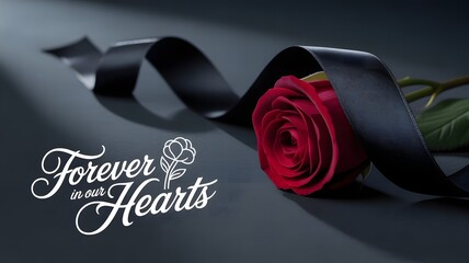 A single red rose with a flowing black ribbon, symbolizing remembrance and eternal love. Text reads 'Forever in Our Hearts'.