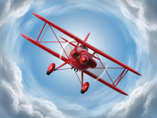 Red biplane soaring through a vivid blue sky surrounded by clouds