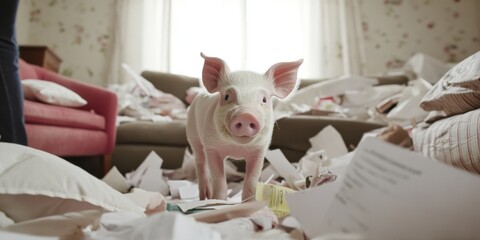 A Curious Pig Caught in the Chaos of a Messy Living Room Full of Clutter and Joyful Disorder