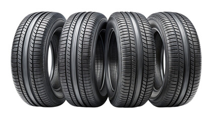 set of four black car tires - isolated on a white background as transparent PNG. GENERATIVE AI