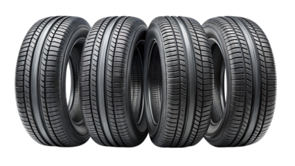 set of four black car tires - isolated on a white background as transparent PNG. GENERATIVE AI