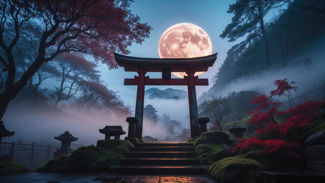 Traditional Japanese torii gate under a full moon surrounded by misty forest and red maple trees at night