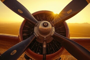 Close-up view of a vintage airplane propeller with sun rays, showcasing aviation history and the beauty of flight at golden hour.