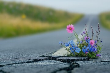 Obraz premium Flowers bloom defiantly from cracks in the pavement, symbolizing hope and resilience in an unexpected urban environment.