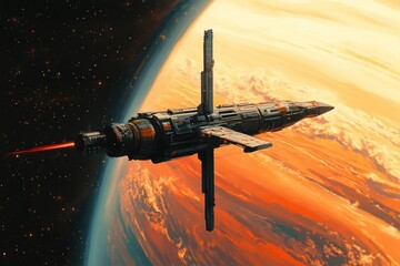 Obraz premium A futuristic spacecraft, emitting a red laser, floats in the starry expanse above an orange-hued planet's swirling atmosphere.