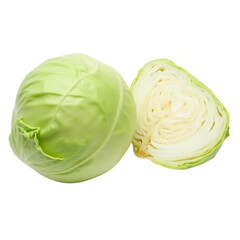 Fototapeta premium Photo of fresh green cabbage, whole and halved isolated on transparent background
