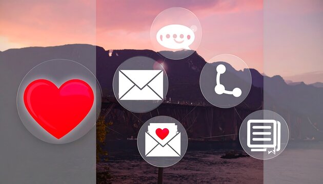 Romantic communication icons over a landscape at sunset - Powered by Adobe