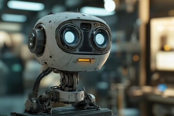 Fototapeta premium A small, slightly weathered, white robot with glowing blue eyes sits on a metallic platform in a blurred background.