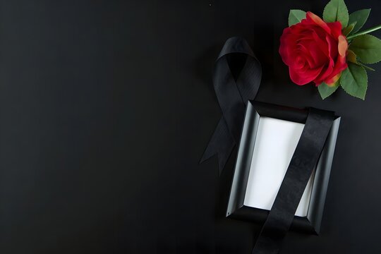 Mourning and remembrance with a red rose and photo frame