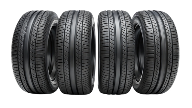 set of four black car tires - isolated on a white background as transparent PNG. GENERATIVE AI