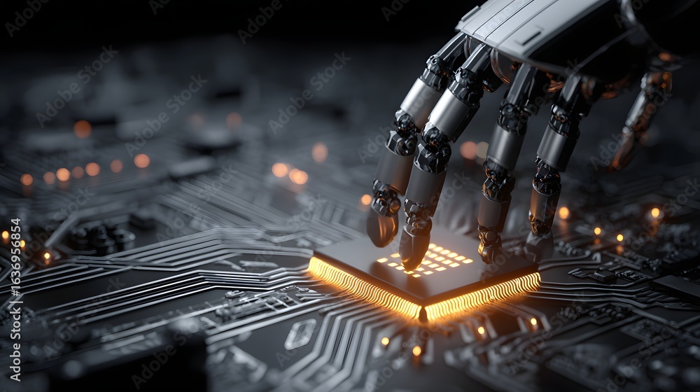 Poster Robotic hand placing a computer chip on a circuit board.