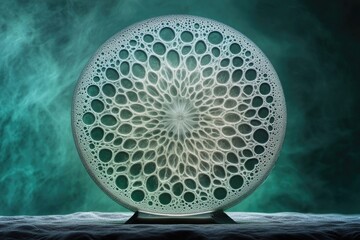 A circular structure with organic, cellular patterns is displayed against a deep teal and white backdrop, resembling a futuristic device.