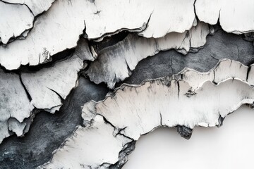 Fototapeta premium The image portrays a close-up view of textured, peeling white paint over a dark gray, cracked surface, creating an abstract background.