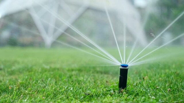 close up of working irrigation system in garden, public park maintenance and watering for landscaping, nature care concept, real time video