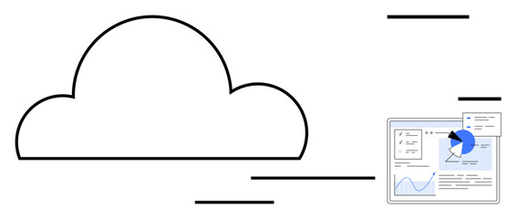 Large cloud outline with a sleek data dashboard featuring charts, graphs, and analytics interface. Ideal for technology, data management, innovation, digital storage, efficiency, SaaS simple landing