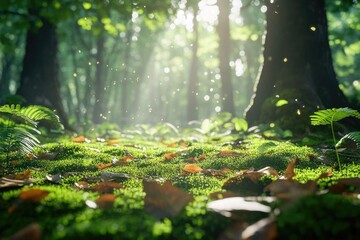 Sunlight filters through the trees onto a forest floor covered in moss and fallen leaves, creating a tranquil scene.