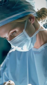 A female surgeon in full scrubs and mask, captured mid-procedure under the bright operating room lights, her orthodontist shows care, precision and expertise. blonde woman doctor performing surgery.