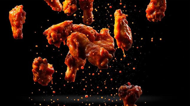 buffalo chicken wings are tossed in a bowl - isolated on black background - spicy hot wings fly in the air, saucy and delicious slow mo closeup