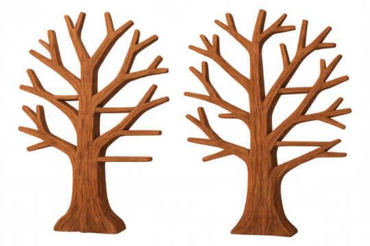 Two different 3d wooden tree shelves, perfect for organizing books or displaying decorative items, isolated on a transparent background