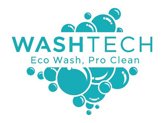 WASH TECH Logo: A modern logo design for WASH TECH, a brand specializing in eco-friendly cleaning solutions, featuring stylized bubbles and clean, professional typography.