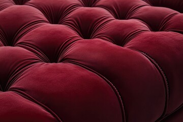Close-up of luxurious red velvet tufted upholstery showing its rich texture and intricate detailing.