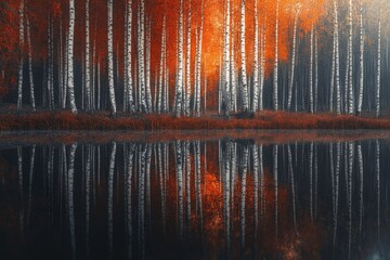 A serene landscape featuring birch trees reflected in a tranquil lake during autumn, showcasing vibrant foliage and peaceful ambiance.