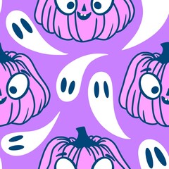 Autumn harvest vegetable seamless monster Halloween pumpkins pattern for wrapping paper and fabrics 