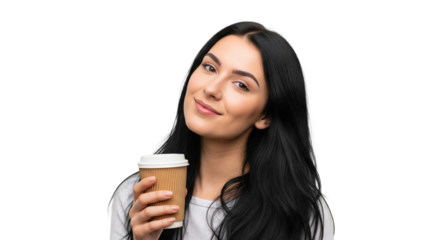 Schwarzhaarige europäische Frau – Kaffeebecher halten, transparenter Hintergrund, PNG 