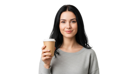 Schwarzhaarige europäische Frau – Kaffeebecher halten, transparenter Hintergrund, PNG 