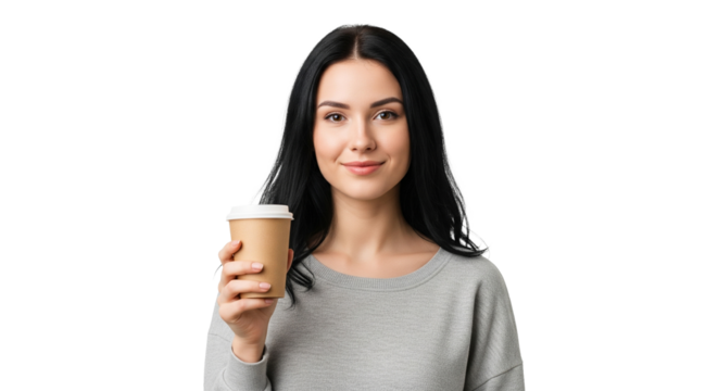 Schwarzhaarige europäische Frau – Kaffeebecher halten, transparenter Hintergrund, PNG 