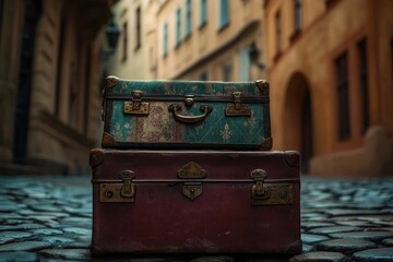 Two vintage suitcases stacked on a cobblestone street, evoking a sense of travel and nostalgia.