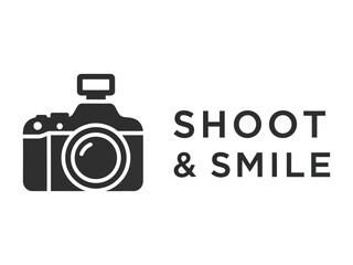 Shoot & Smile: A bold and stylized graphic features a camera illustration alongside the words Shoot & Smile, embodying photography, art, and design. It is suitable for diverse applications 