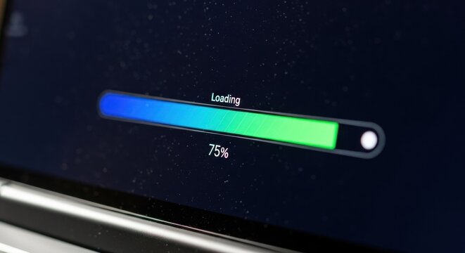 A digital progress bar displays 75% completion on a dark screen - Powered by Adobe