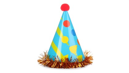 A bright blue party hat with colorful decorations