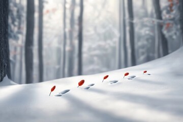 A minimalist winter landscape with red feathers leading into a blurred forest background.
