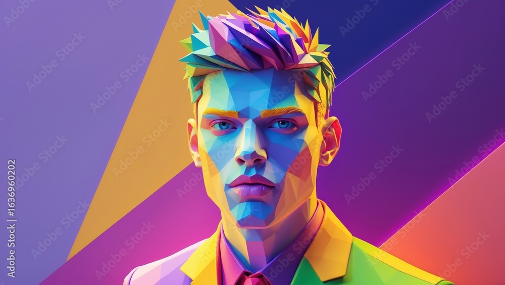 Poster vibrant geometric portrait of a man in colorful low-poly art style with abstract gradient background