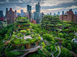 Modern architectural buildings with green roofs and lush gardens, surrounded by urban skyline, showcasing sustainable design and eco-friendly living in a vibrant city environment