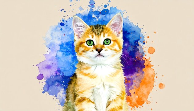 Cute kitten portrait with watercolor splashes